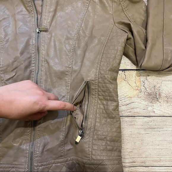 LOVE STUDIO Faux Leather Hoodie Jacket Light Brown - Picture 10 of 12